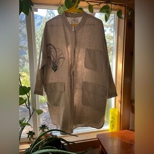 Vintage Hand-Embroidered Linen Tunic Coat with Pockets